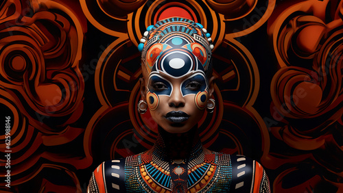 Afrikanische Frau Gesicht mit kunstvoller Bodypainting Bemahlung und bunter Dekoration Poster Nahaufnahme  ai generativ 