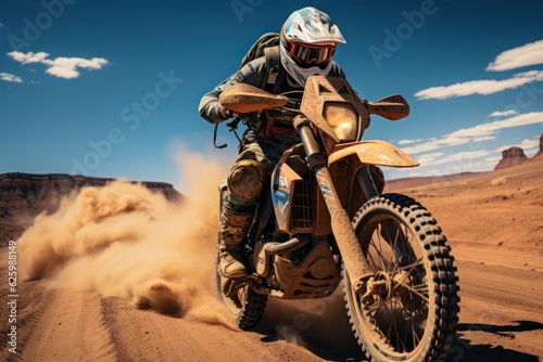 Rider on a cross-country enduro motorcycle go fast at the desert. Enduro racing driver take a corner with a splashes of sands and dust. Drift. Made With Generative AI.