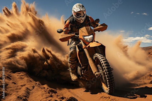 Rider on a cross-country enduro motorcycle go fast at the desert. Enduro racing driver take a corner with a splashes of sands and dust. Drift. Made With Generative AI.