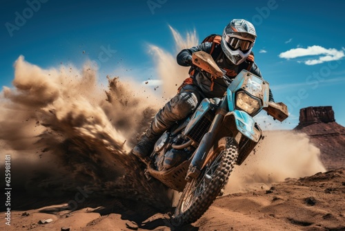 Rider on a cross-country enduro motorcycle go fast at the desert. Enduro racing driver take a corner with a splashes of sands and dust. Drift. Made With Generative AI.