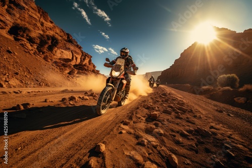 Rider on a cross-country enduro motorcycle go fast at the desert. Enduro racing driver take a corner with a splashes of sands and dust. Drift. Made With Generative AI. photo