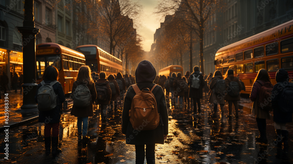 Kids from behind with backpacks ready to go to school - obrazy, fototapety, plakaty 