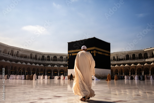 Man in pilgrim performing haj or umrah in front of kaaba, Mecca 