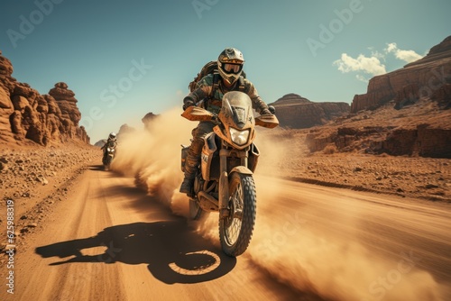 Motorcyclist on the competition at motorcycle race. Rider on a cross-country enduro motorcycle go fast at the desert. Drift. Made With Generative AI.