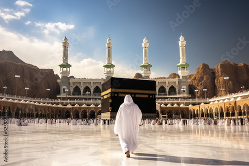 Man in pilgrim performing haj or umrah in front of kaaba, Mecca 