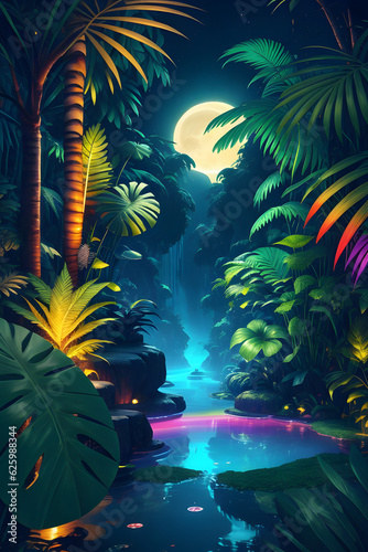 The Jungle With Moonlight,Fantastic Jungle In The Evening,A beautiful Enchanted Forest,Generative AI 