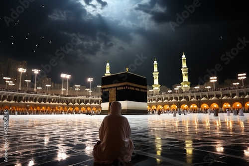 Man in pilgrim performing haj or umrah in front of kaaba, Mecca  photo