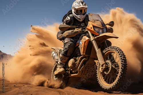 Rider on a cross-country enduro motorcycle go fast at the desert. Enduro racing driver take a corner with a splashes of sands and dust. Drift. Made With Generative AI.