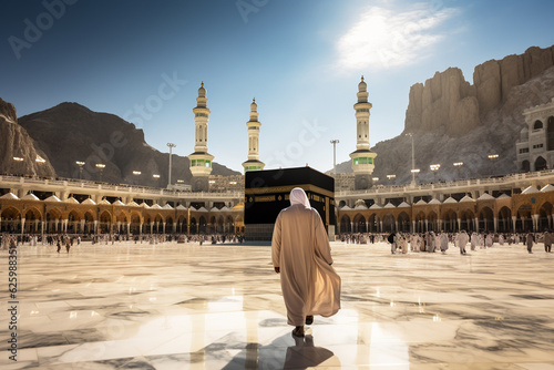 Foto Man in pilgrim performing haj or umrah in front of kaaba, Mecca