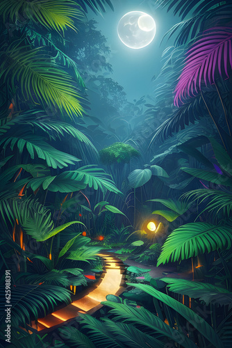 The Jungle With Moonlight Fantastic Jungle In The Evening A beautiful Enchanted Forest Generative AI  