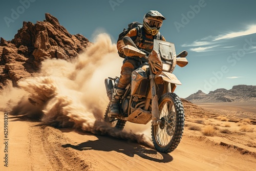 Rider on a cross-country enduro motorcycle go fast at the desert. Enduro racing driver take a corner with a splashes of sands and dust. Drift. Made With Generative AI. © John Martin