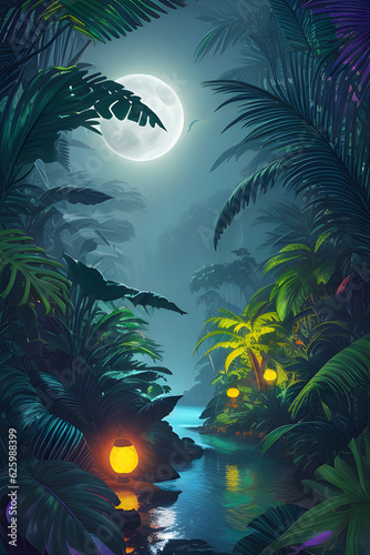 The Jungle With Moonlight Fantastic Jungle In The Evening A beautiful Enchanted Forest Generative AI  