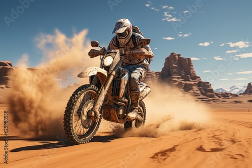 Motorcyclist on the competition at motorcycle race. Rider on a cross-country enduro motorcycle go fast at the desert. Drift. Made With Generative AI. © John Martin