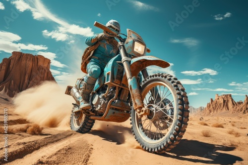 Rider on a cross-country enduro motorcycle go fast at the desert. Enduro racing driver take a corner with a splashes of sands and dust. Drift. Made With Generative AI.