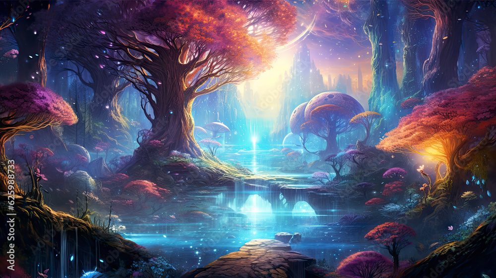 Trees, epic fantasy forest, epic landscape, space background, vibrant fantasy city background