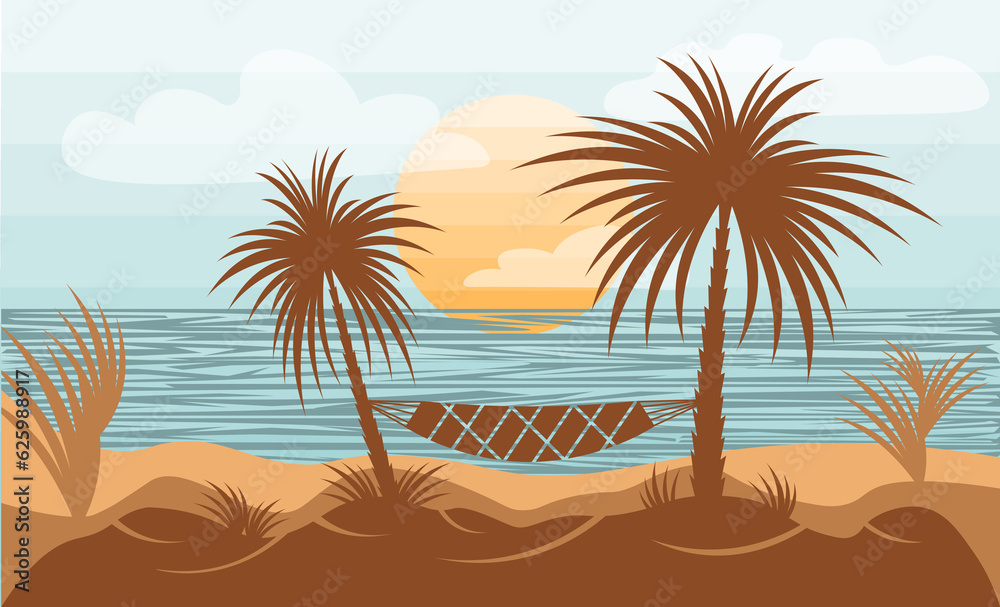Tropical landscape silhouettes nature scenery with hammock and palm trees