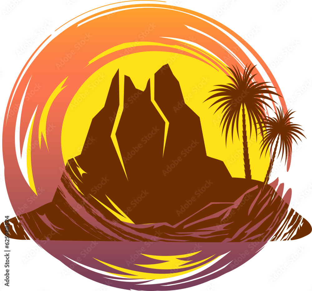 Logo with tropical landscape silhouettes nature scenery with volcano and palm trees vector