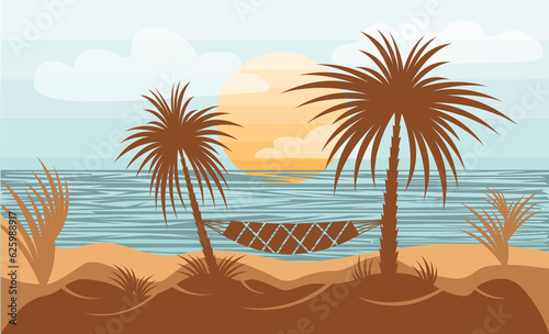 Tropical landscape silhouettes nature scenery with hammock and palm trees
