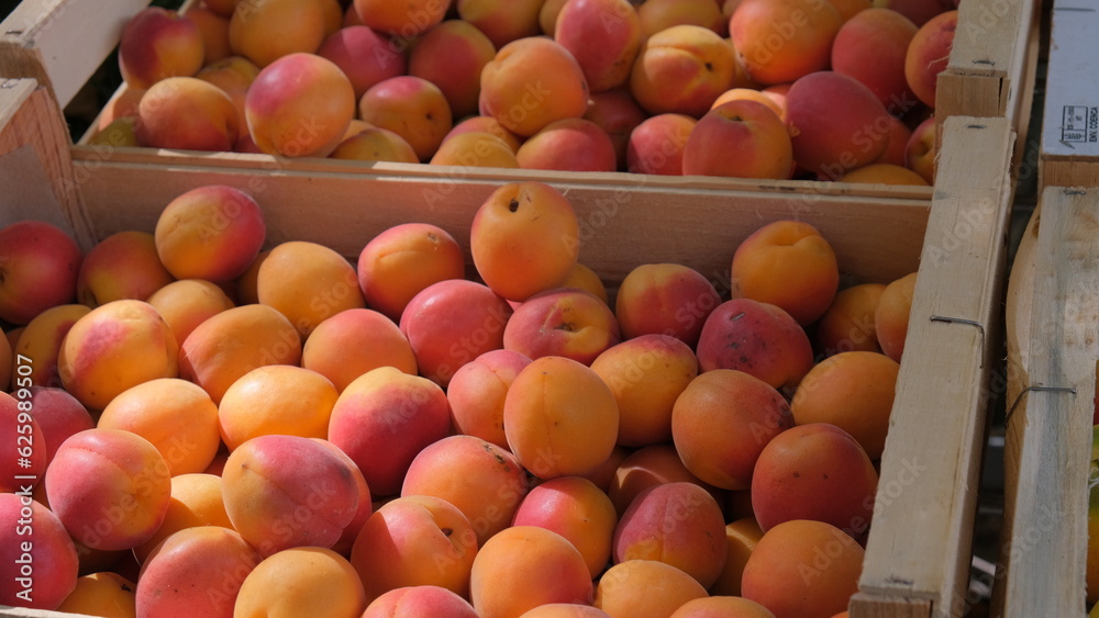 Fresh apricots at an outdoor farmers market in two wooden crates. Concept organic healthy food. Focus on foreground.