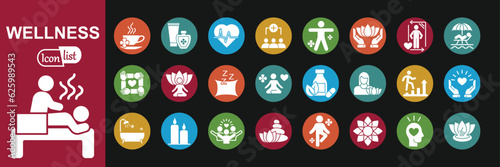 Wellness web icon set .White icon in colored circle. Relaxation, spa, sleep, yoga, health, lifestyle, spiritual practice, meditation, collection. Vector illustration.	