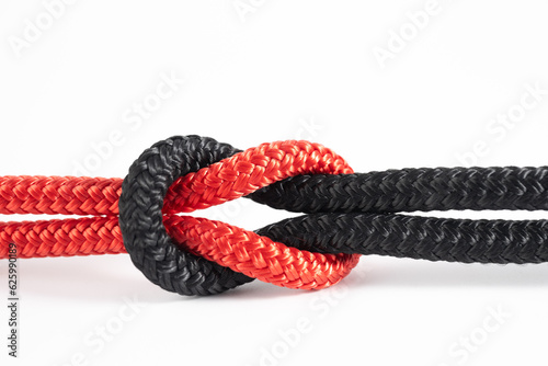 close up of a Square or Reef Knot tied with parachute or climbing rope for marine sailing or medical uses