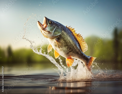 Fishing trophy: big freshwater perch jumping out of the water on green nature background