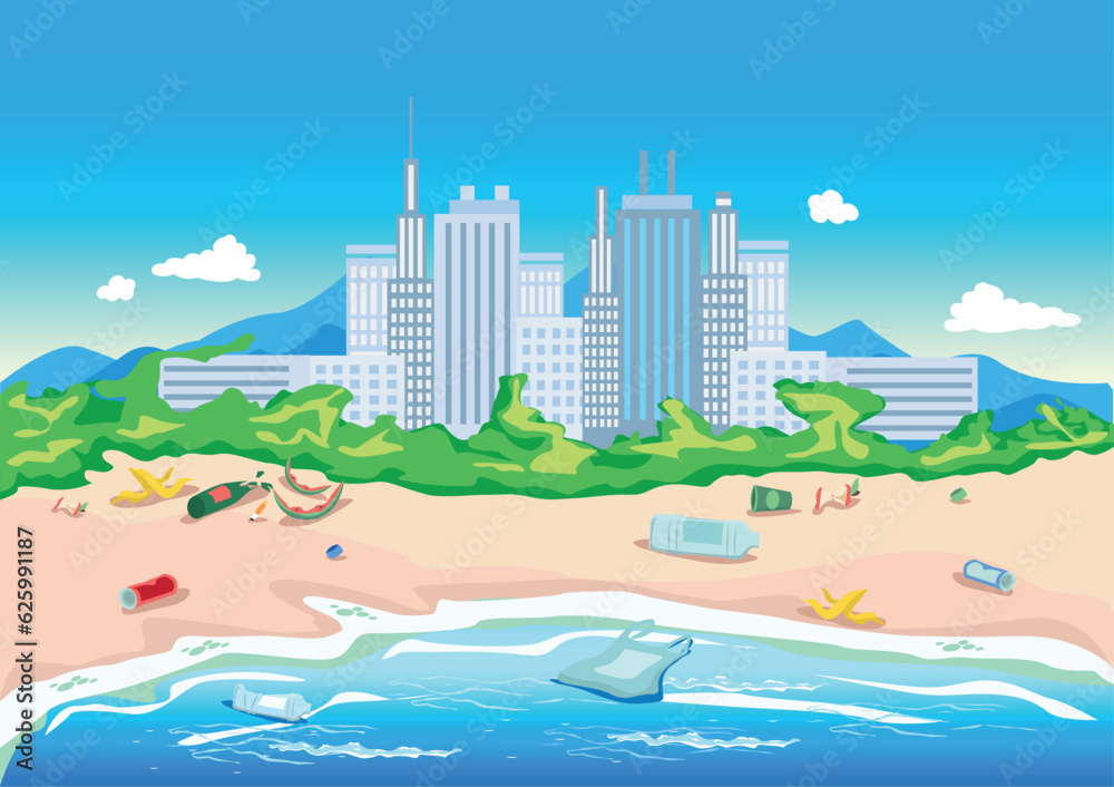 Sea beach littered with plastic, glass and food waste. Environmental pollution. Take care of the environment. Vector illustration in a flat style.