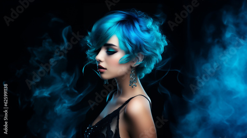Hübsche Frau mit gefärbten und gelockten Haar mit modernster Frisur und edlen Visagistik Make up als Poster Nahaufnahme, ai generativ