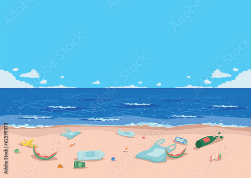 Fototapeta Naklejka Na Ścianę i Meble -  Sea beach littered with plastic, glass and food waste. Environmental pollution. Take care of the environment. Vector illustration in a flat style.