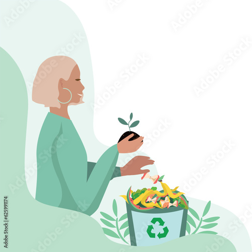 The girl throws the leftover food into the compost and holds fertile soil with a sprout in her hands. Processing food waste into fertile soil. Waste sorting and recycling. Vector illustration.