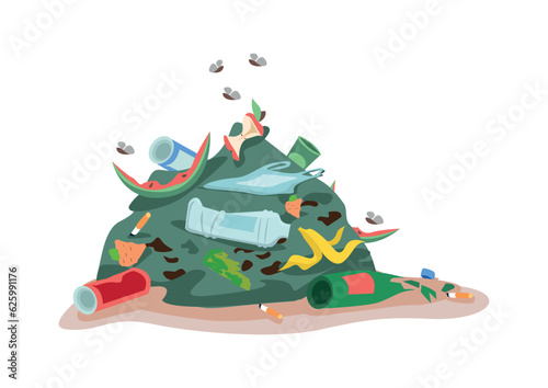 Various garbage, food waste, broken bottles, corks, plastic bottles and cigarette butts are lying on the ground. Take care of the environment. Sorting, recycling and disposal of garbage. Vector