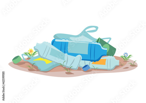 Pile of plastic garbage lying on the ground. Take care of the environment. Sorting, recycling and disposal of garbage. Vector illustration.