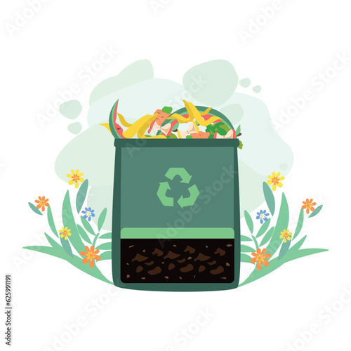 Composition of filled compost bin, plants, flowers and green background. Processing food waste into fertile soil. Waste sorting and recycling. Vector illustration.