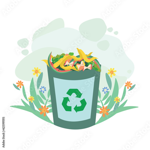 Composition of filled compost bin, plants, flowers and green background. Processing food waste into fertile soil. Waste sorting and recycling. Vector illustration.