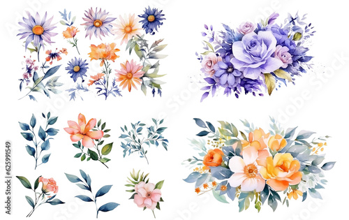 Watercolor flowers on a white background without shadows for illustration.