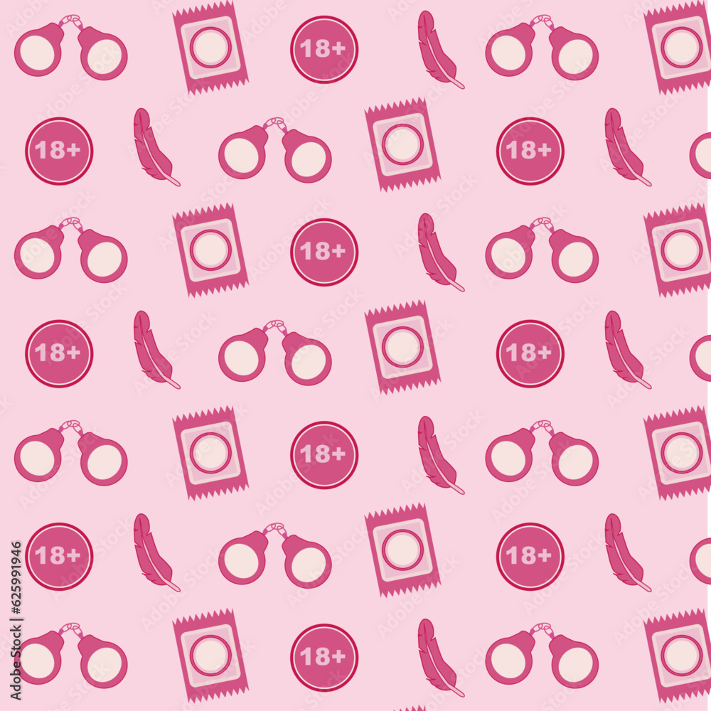 Seamless pattern, eighteen plus pattern. Seamless pattern of erotic elements. Silhouettes of sex toys, sex items.