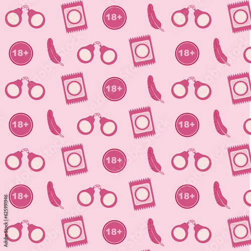 Seamless pattern, eighteen plus pattern. Seamless pattern of erotic elements. Silhouettes of sex toys, sex items.