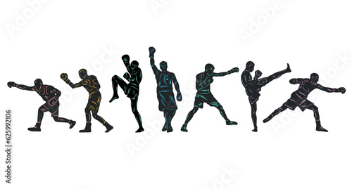 Colorful vector illustration silhouettes of boxers  thai boxers  kickboxers. Unity sports boxing  Thai boxing  kickboxing