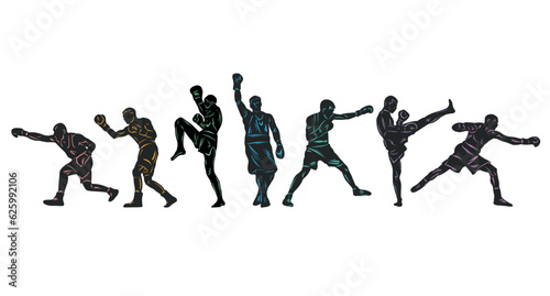 Colorful vector illustration silhouettes of boxers, thai boxers, kickboxers. Unity sports boxing, Thai boxing, kickboxing