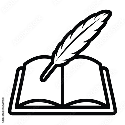 Quill pen writing on book for save game progress line art vector icon for games and websites