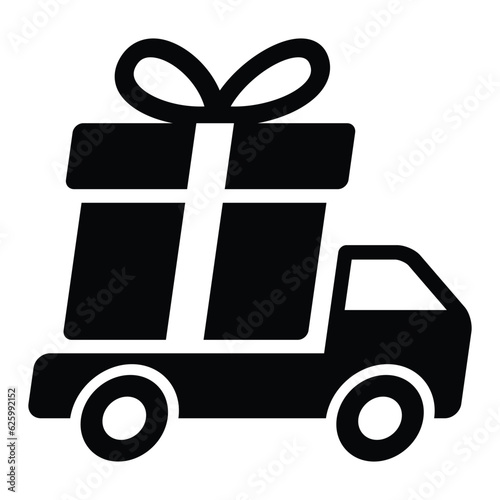 Delivery truck with gift or present flat vector icon for apps and websites