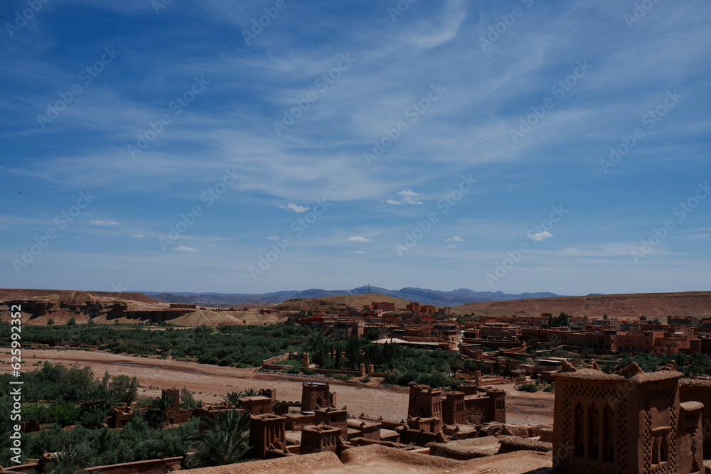 Paesaggio tipico dell'entroterra del marocco con vegetazione e deserto