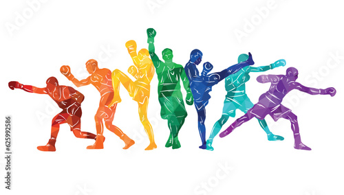 Colorful vector illustration silhouettes of boxers, thai boxers, kickboxers. Unity sports boxing, Thai boxing, kickboxing