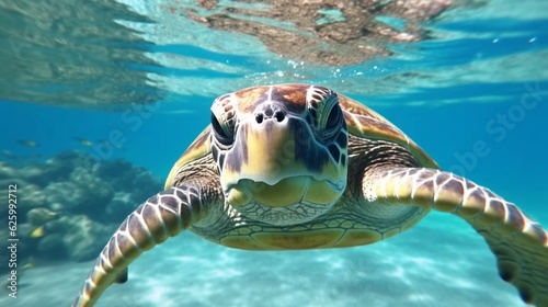 Turtle happily swimming underwater, Generative AI. © Dhiman