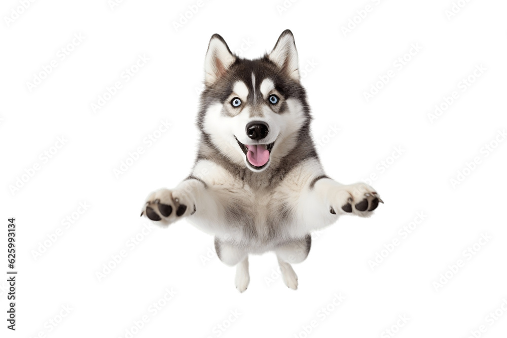 Exquisite Grey/Black Husky Dog Jumping Up Towards the Camera