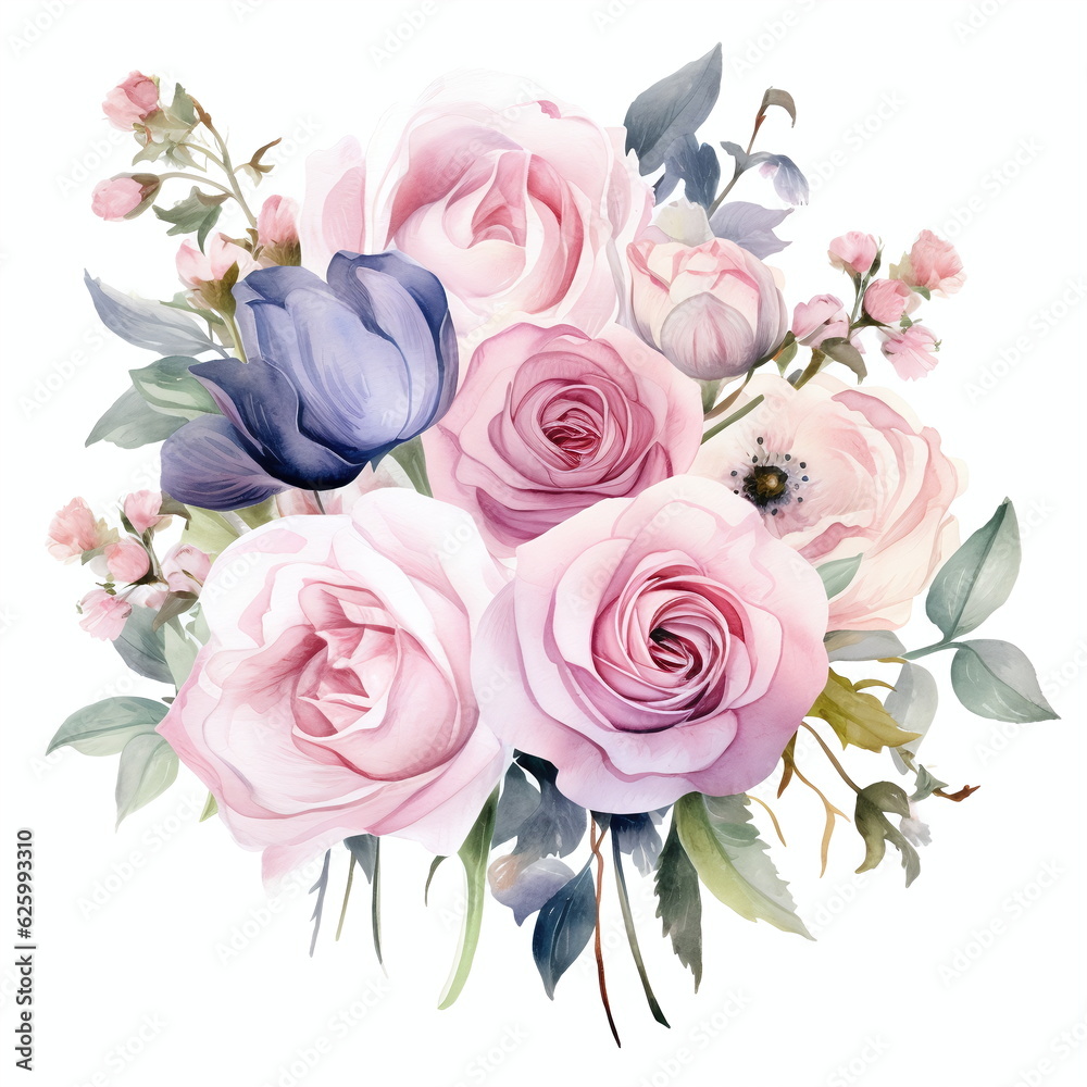 Flowers to decorate a wedding card, Roses and Eustoma, light pink watercolor style, individual arrangements, AI generated