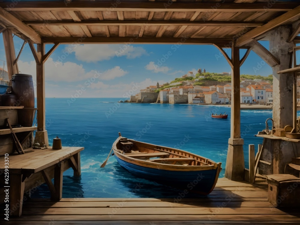 Rowing boat beside a wooden port with excellent realistic detailing HD