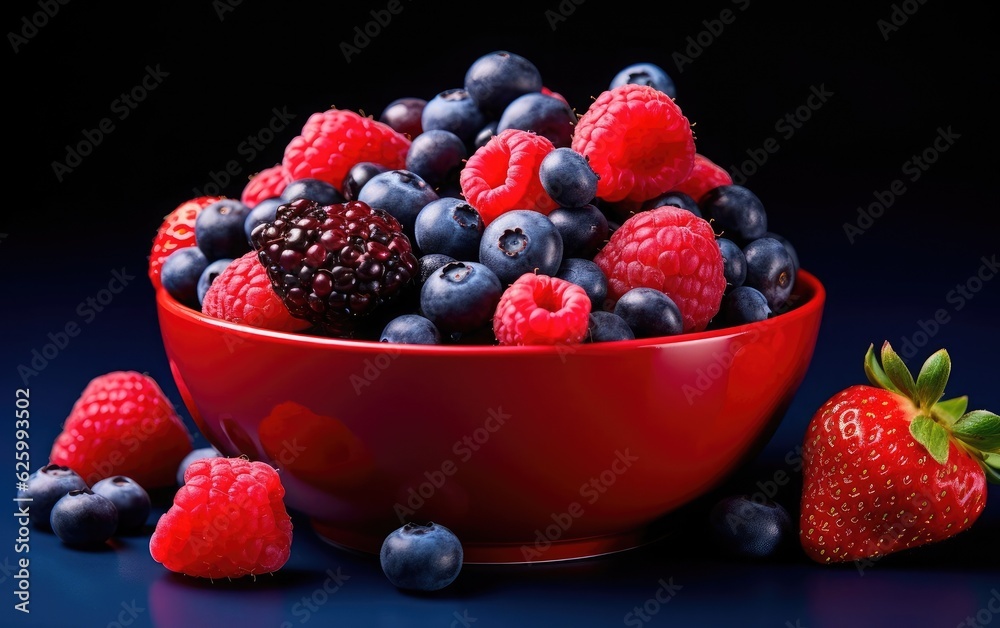 Bowl of mixed berries, such as strawberries, blueberries, and raspberries, placed on a dark background Bowl of mixed berries, such as strawberries, blueberries, and raspberries, placed on a dark background