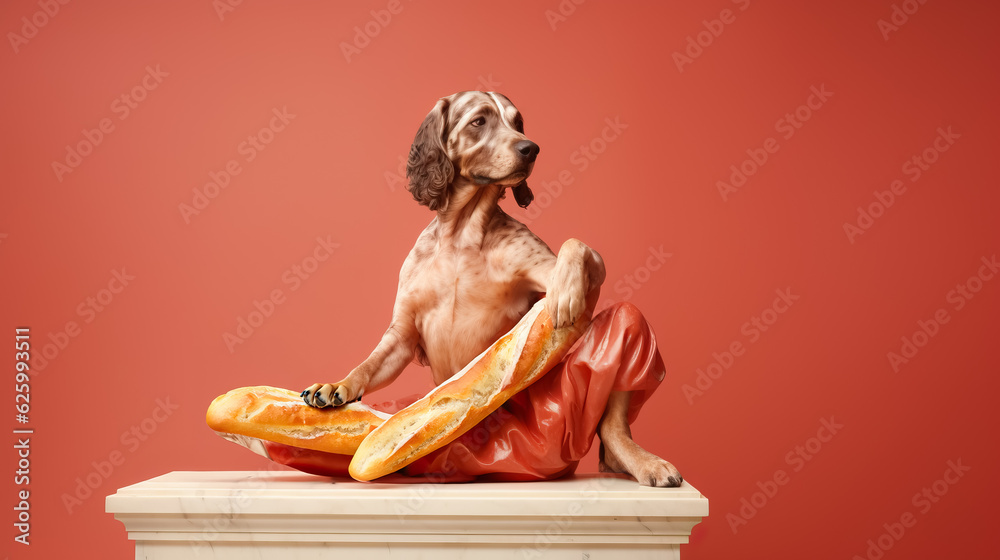 Art sculpture of dog  with baguettes isolated on a pastel background with a copy space 