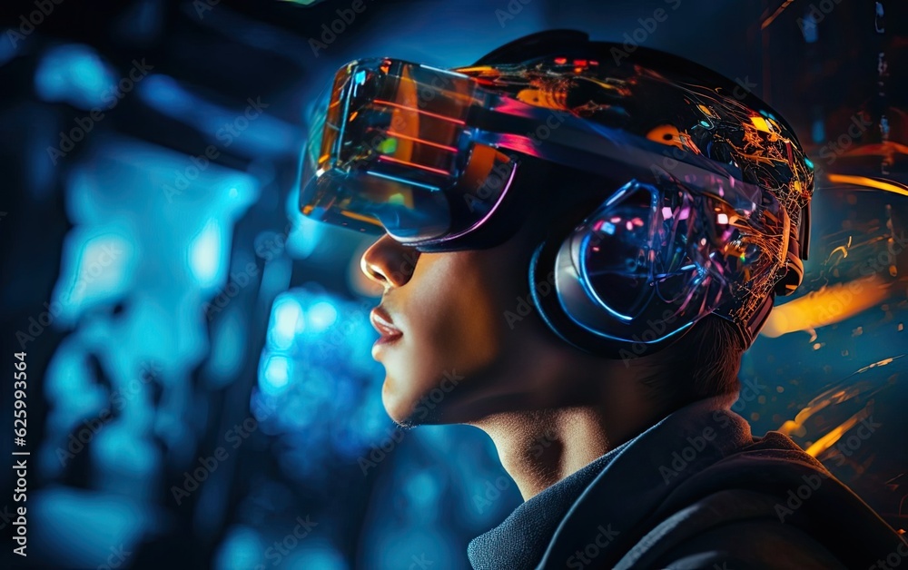 Person wearing augmented reality glasses or a VR headset, immersed in a ...